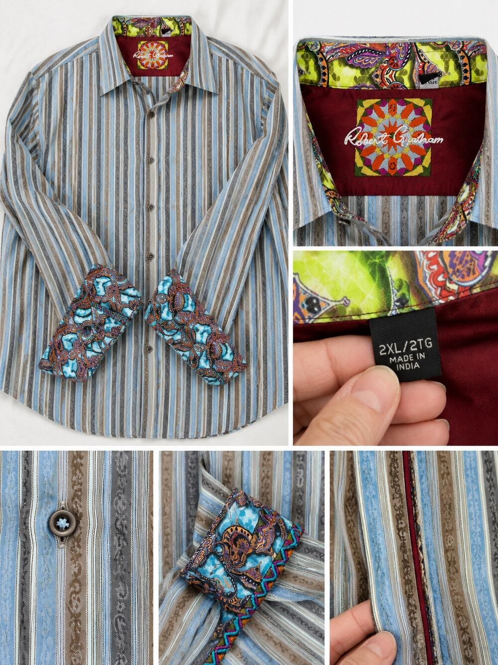 Colorful Robert Graham striped shirt with signature paisley flip cuffs.